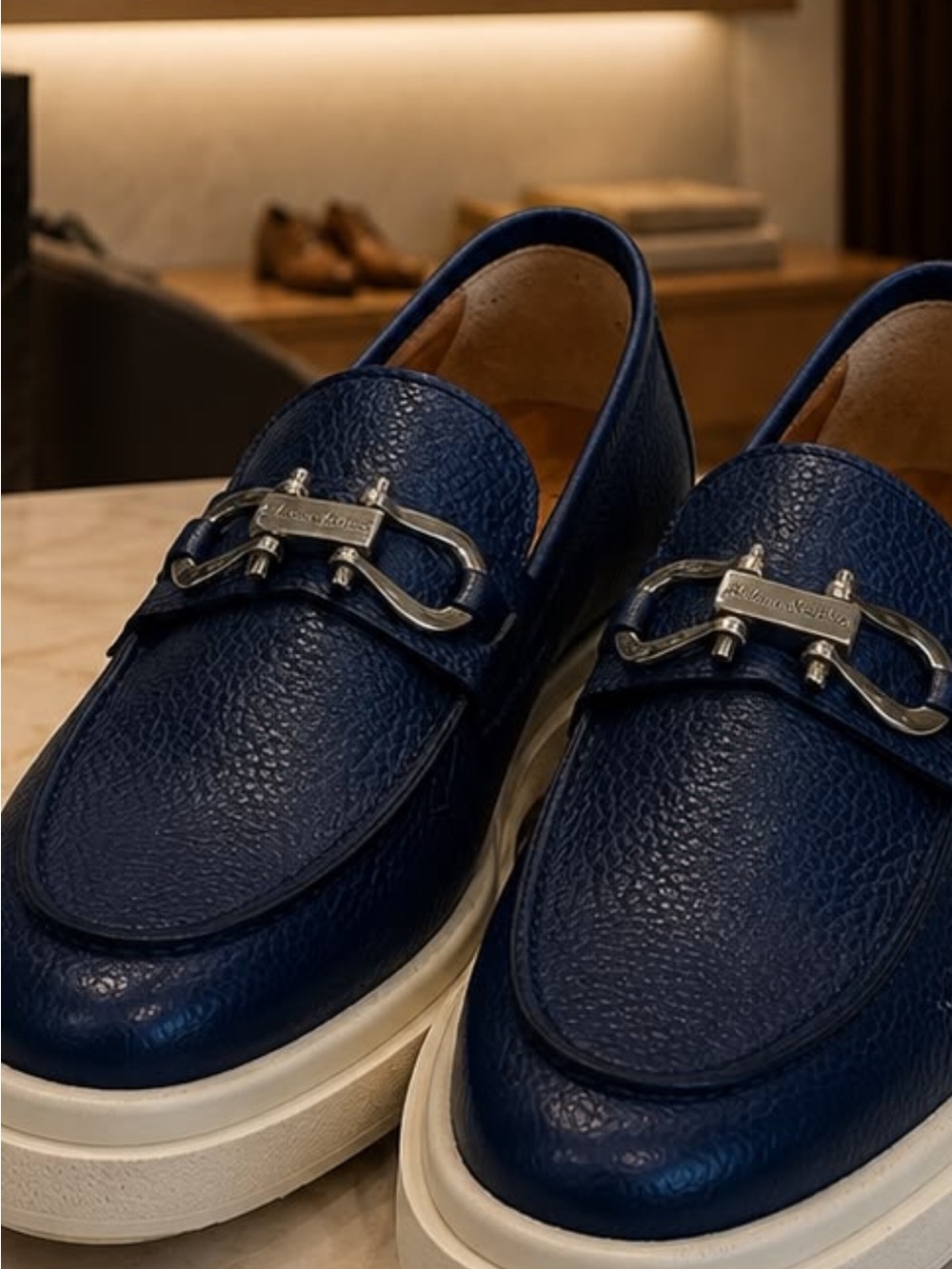 Men's Navy blue Leather Slip-On Loafers with Silver Bit Hardware